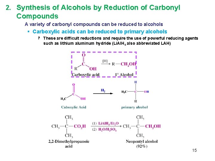 2. Synthesis of Alcohols by Reduction of Carbonyl Compounds A variety of carbonyl compounds
