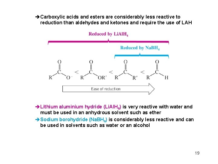 èCarboxylic acids and esters are considerably less reactive to reduction than aldehydes and ketones