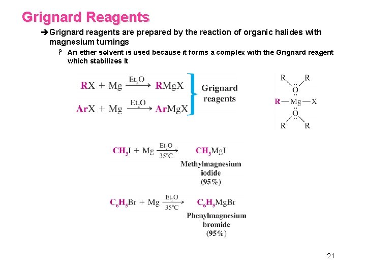 Grignard Reagents èGrignard reagents are prepared by the reaction of organic halides with magnesium