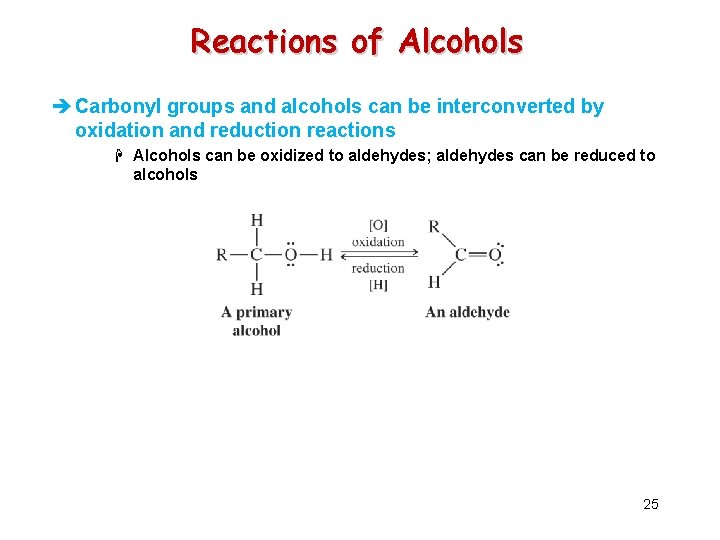 Reactions of Alcohols è Carbonyl groups and alcohols can be interconverted by oxidation and