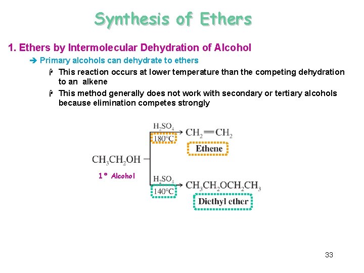 Synthesis of Ethers 1. Ethers by Intermolecular Dehydration of Alcohol è Primary alcohols can