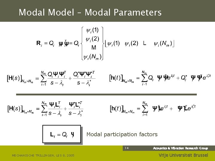 Modal Model – Modal Parameters Modal participation factors 14 MECHANISCHE TRILLINGEN, LES 8, 2005