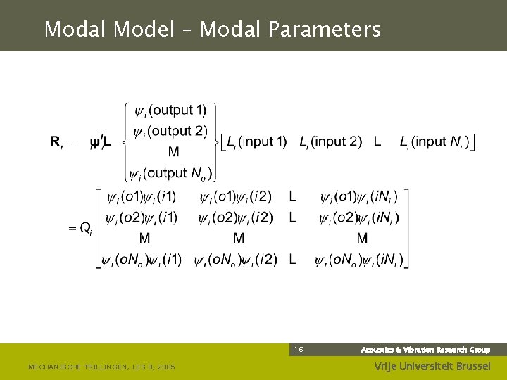 Modal Model – Modal Parameters 16 MECHANISCHE TRILLINGEN, LES 8, 2005 Acoustics & Vibration