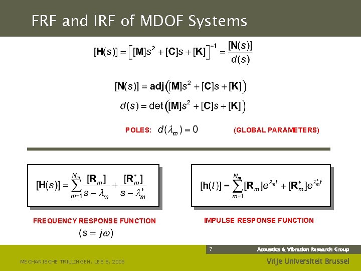 FRF and IRF of MDOF Systems POLES: FREQUENCY RESPONSE FUNCTION (GLOBAL PARAMETERS) IMPULSE RESPONSE