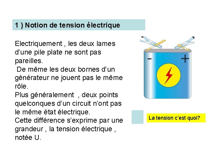 1 ) Notion de tension électrique Electriquement , les deux lames d’une pile plate 1 ) Notion de tension électrique Electriquement , les deux lames d’une pile plate
