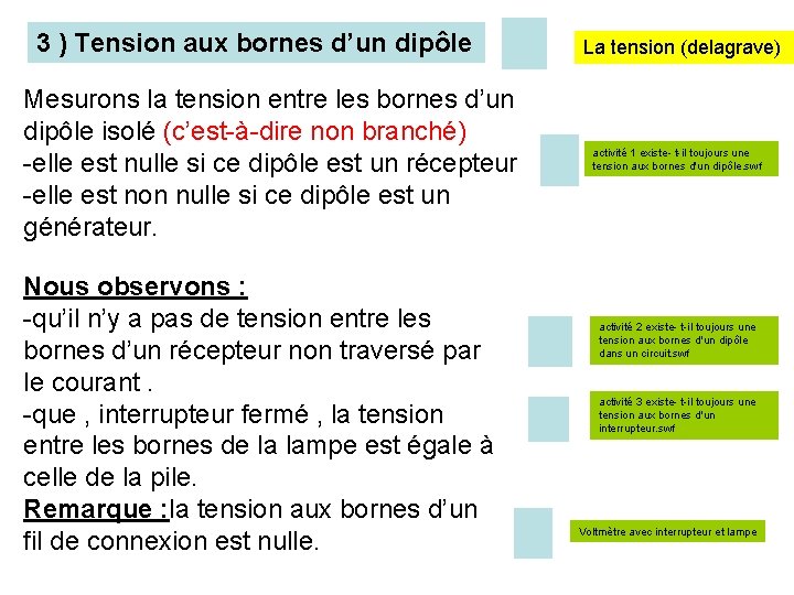 3 ) Tension aux bornes d’un dipôle Mesurons la tension entre les bornes d’un 3 ) Tension aux bornes d’un dipôle Mesurons la tension entre les bornes d’un