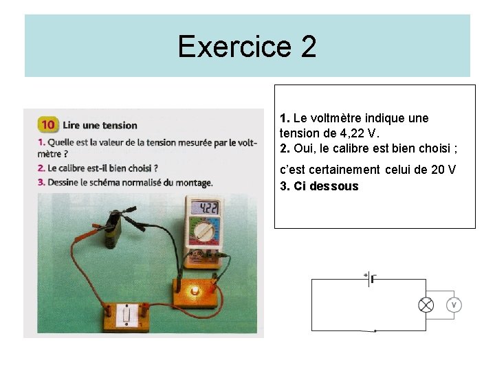 Exercice 2 1. Le voltmètre indique une tension de 4, 22 V. 2. Oui, Exercice 2 1. Le voltmètre indique une tension de 4, 22 V. 2. Oui,