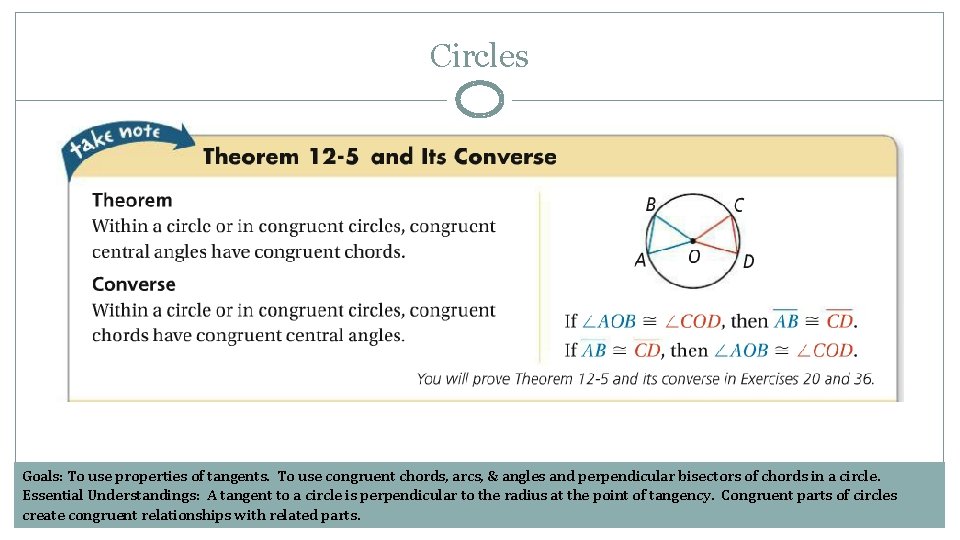 Circles Goals: To use properties of tangents. To use congruent chords, arcs, & angles