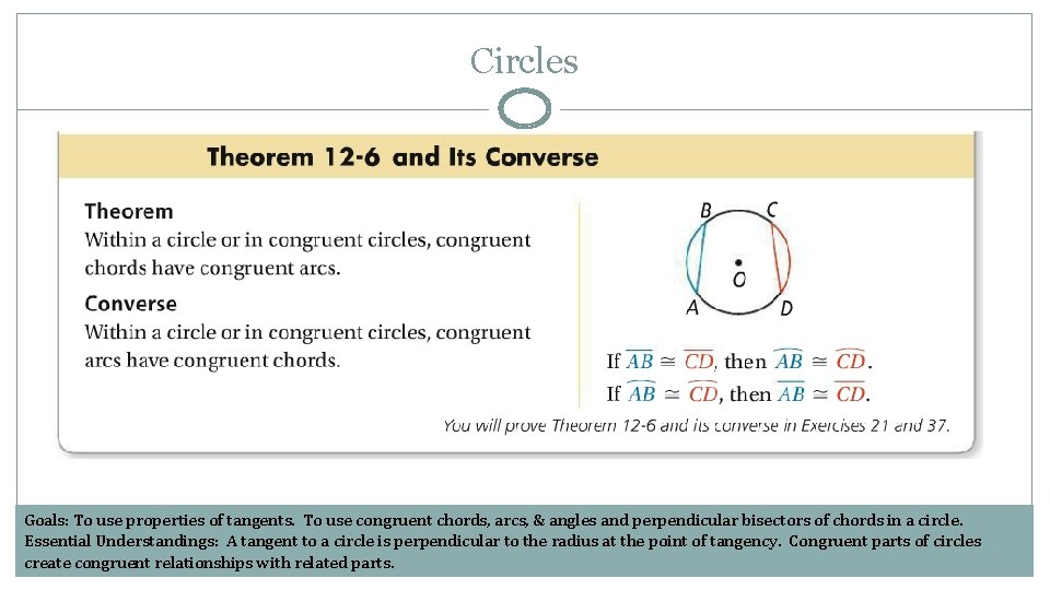 Circles Goals: To use properties of tangents. To use congruent chords, arcs, & angles