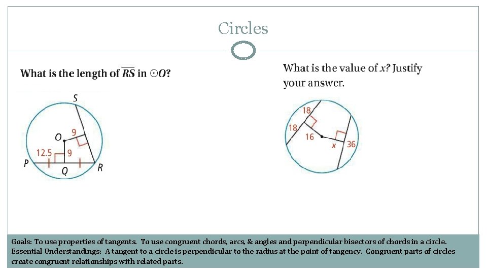 Circles Goals: To use properties of tangents. To use congruent chords, arcs, & angles