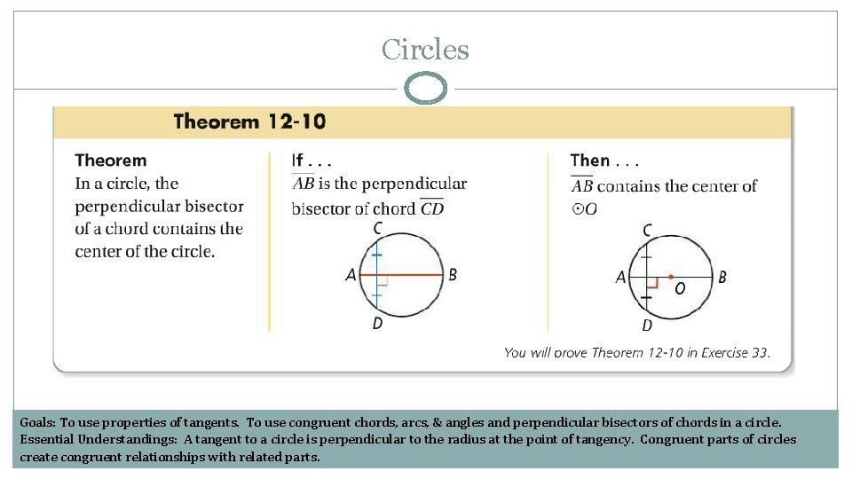 Circles Goals: To use properties of tangents. To use congruent chords, arcs, & angles