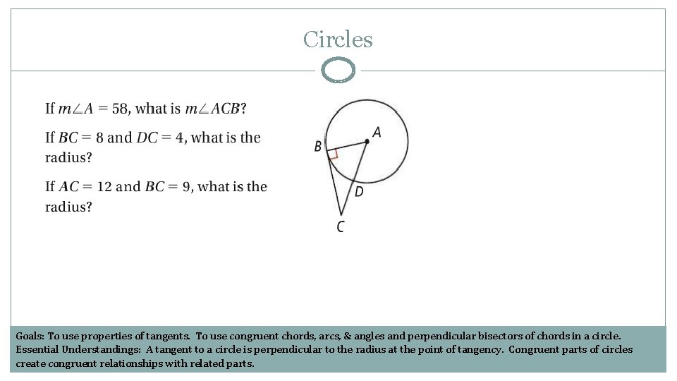 Circles Goals: To use properties of tangents. To use congruent chords, arcs, & angles