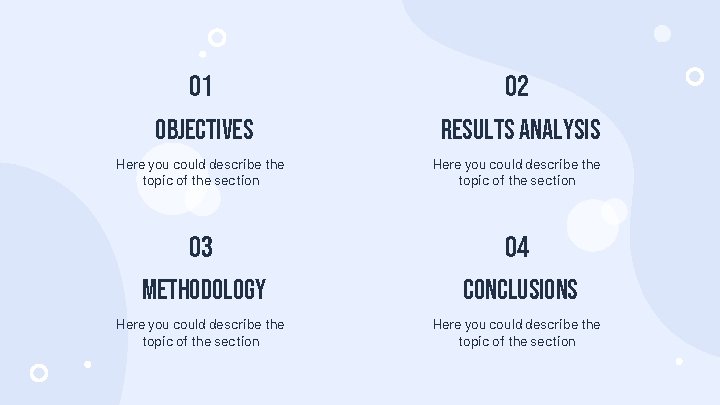 01 02 OBJECTIVES RESULTS ANALYSIS Here you could describe the topic of the section