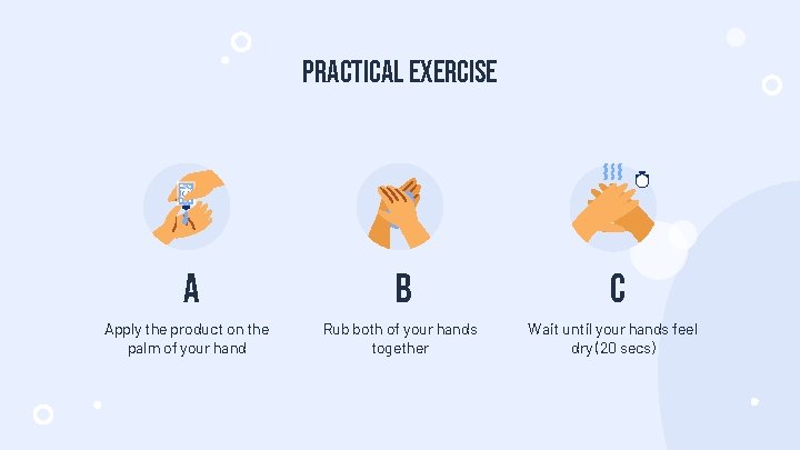 PRACTICAL EXERCISE a b c Apply the product on the palm of your hand