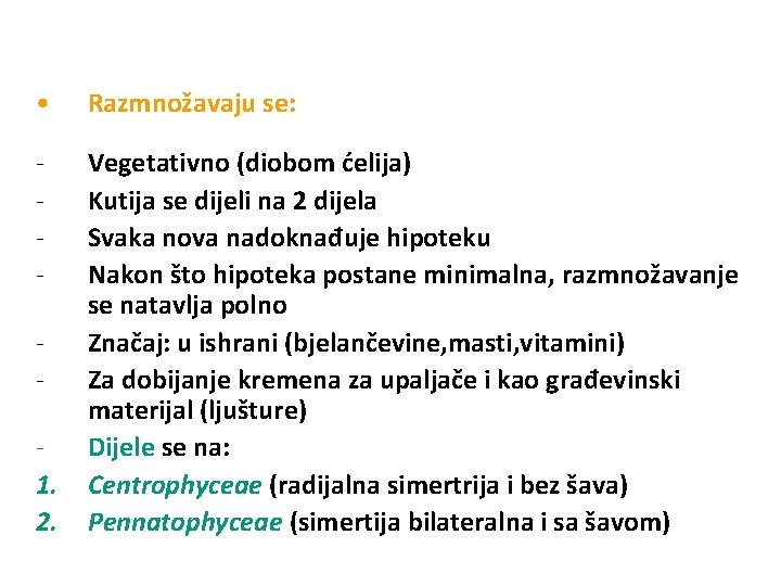  • Razmnožavaju se: - Vegetativno (diobom ćelija) Kutija se dijeli na 2 dijela