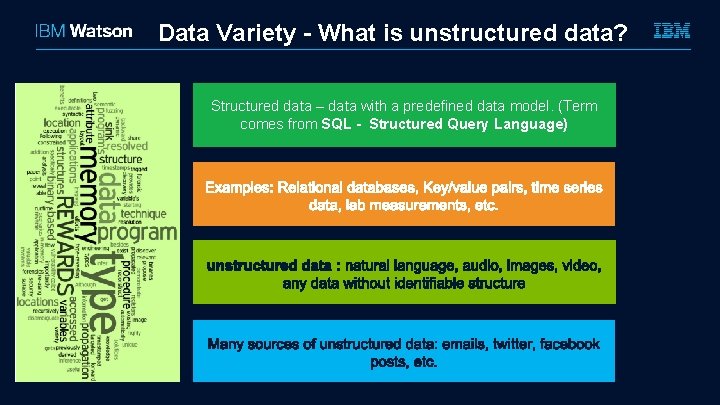 Data Variety - What is unstructured data? Structured data – data with a predefined