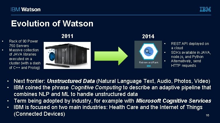 Evolution of Watson 2011 • • Rack of 90 Power 750 Servers Massive collection