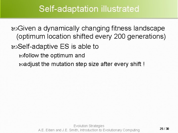 Self-adaptation illustrated Given a dynamically changing fitness landscape (optimum location shifted every 200 generations)
