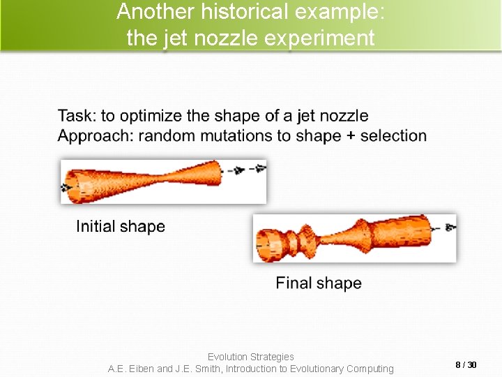 Another historical example: the jet nozzle experiment Evolution Strategies A. E. Eiben and J.