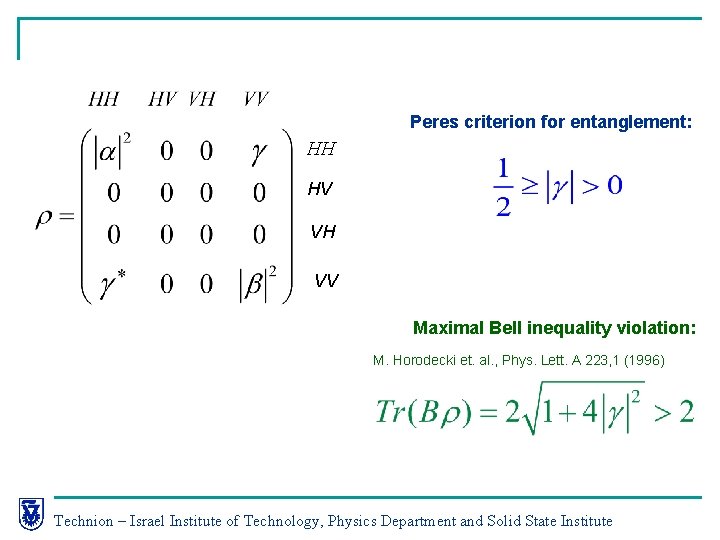 Peres criterion for entanglement: HH HV VH VV Maximal Bell inequality violation: M. Horodecki