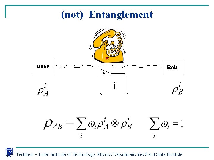 (not) Entanglement Alice Bob i Technion – Israel Institute of Technology, Physics Department and