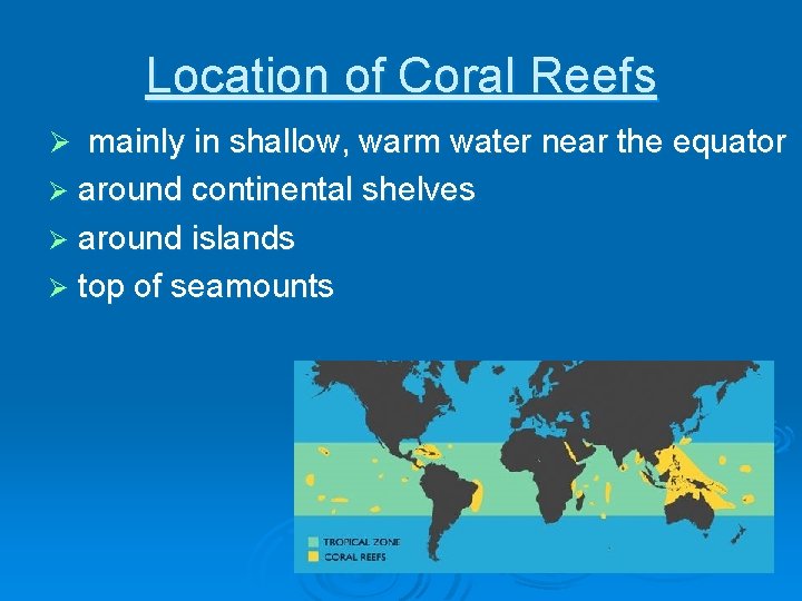 Location of Coral Reefs Ø mainly in shallow, warm water near the equator Ø
