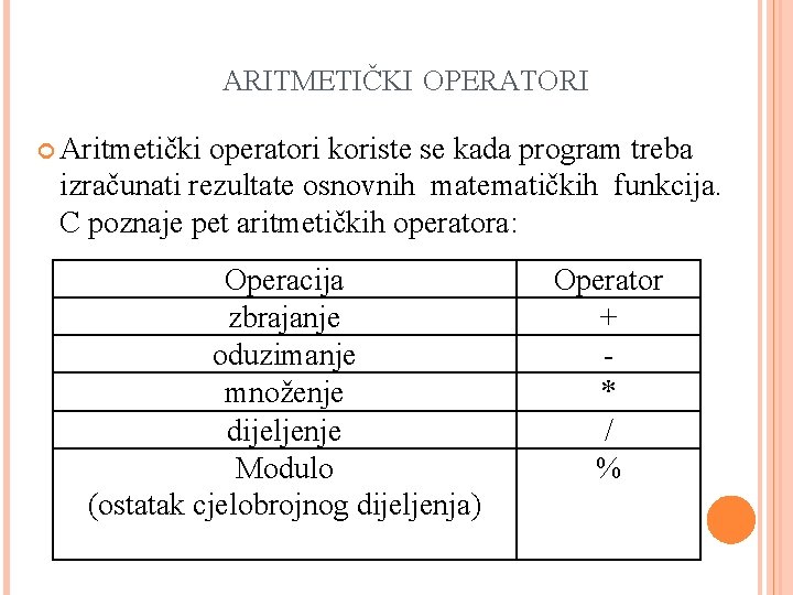 ARITMETIČKI OPERATORI Aritmetički operatori koriste se kada program treba izračunati rezultate osnovnih matematičkih funkcija. ARITMETIČKI OPERATORI Aritmetički operatori koriste se kada program treba izračunati rezultate osnovnih matematičkih funkcija.