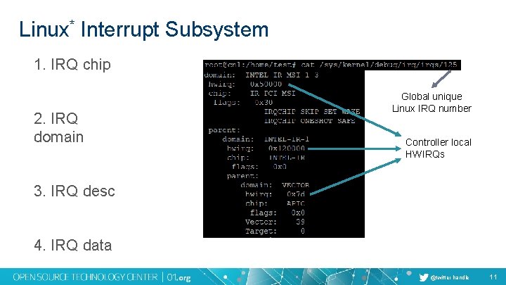 Linux* Interrupt Subsystem 1. IRQ chip 2. IRQ domain Global unique Linux IRQ number