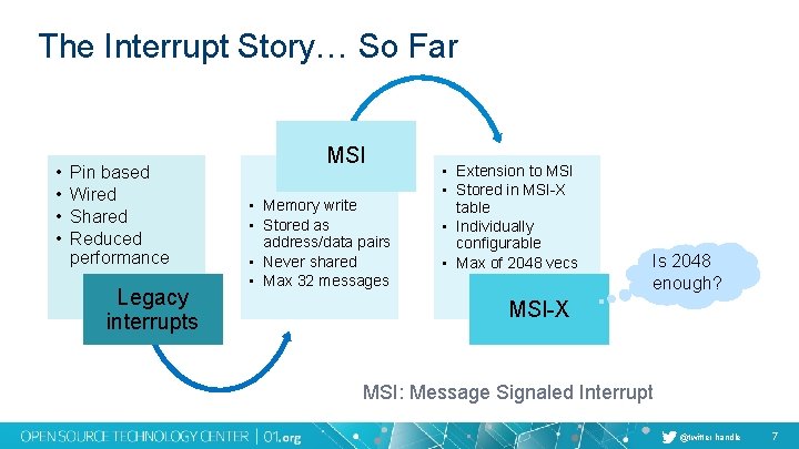 The Interrupt Story… So Far • • Pin based Wired Shared Reduced performance Legacy