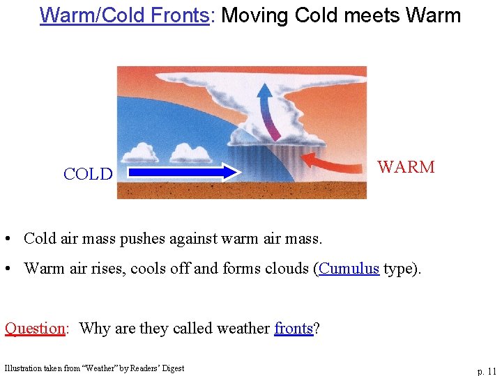 Warm/Cold Fronts: Moving Cold meets Warm COLD WARM • Cold air mass pushes against