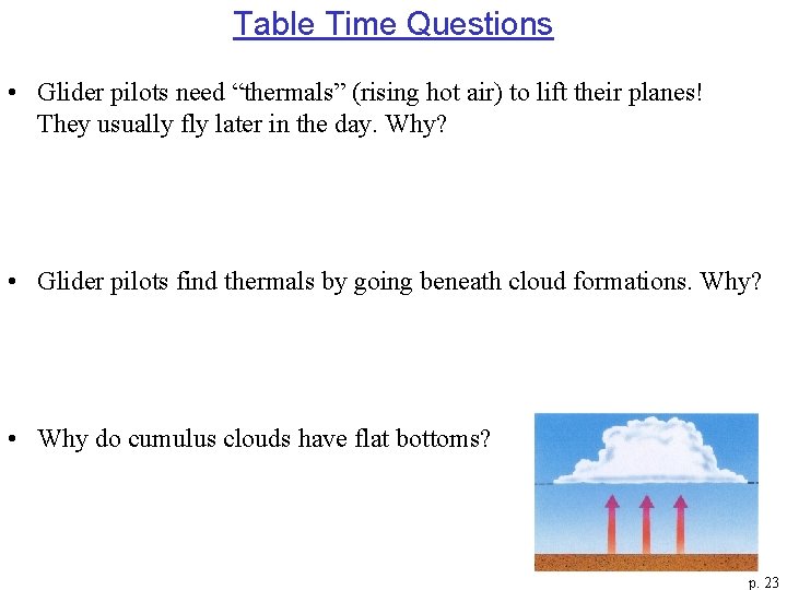 Table Time Questions • Glider pilots need “thermals” (rising hot air) to lift their