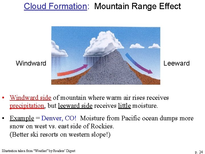 Cloud Formation: Mountain Range Effect Windward Leeward • Windward side of mountain where warm