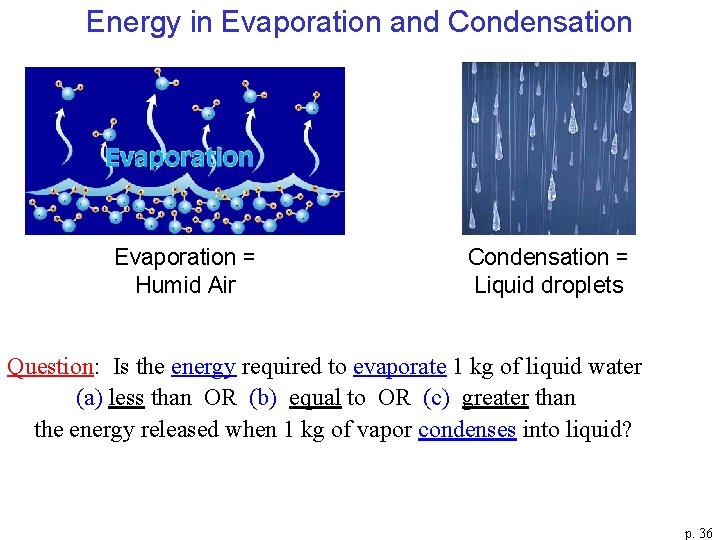 Energy in Evaporation and Condensation Evaporation = Humid Air Condensation = Liquid droplets Question: