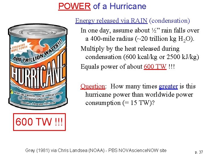 POWER of a Hurricane Energy released via RAIN (condensation) In one day, assume about