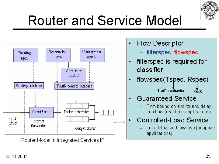 Router and Service Model • Flow Descriptor – filterspec, flowspec • filterspec is required