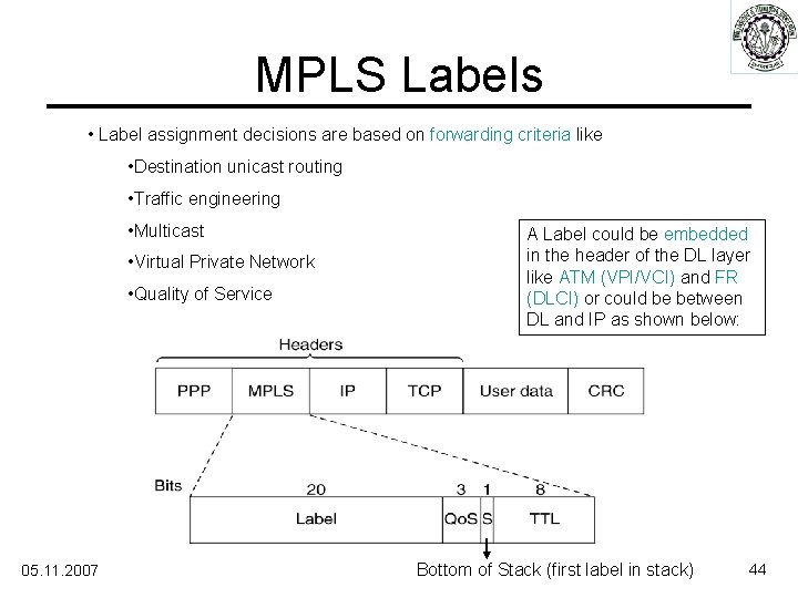 MPLS Labels • Label assignment decisions are based on forwarding criteria like • Destination