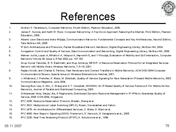 References 1. Andrew S. Tanenbaum, Computer Networks, Fourth Edition, Pearson Education, 2006. 2. James