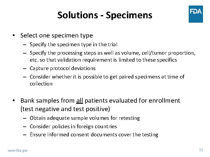 Solutions - Specimens • Select one specimen type – Specify the specimen type in