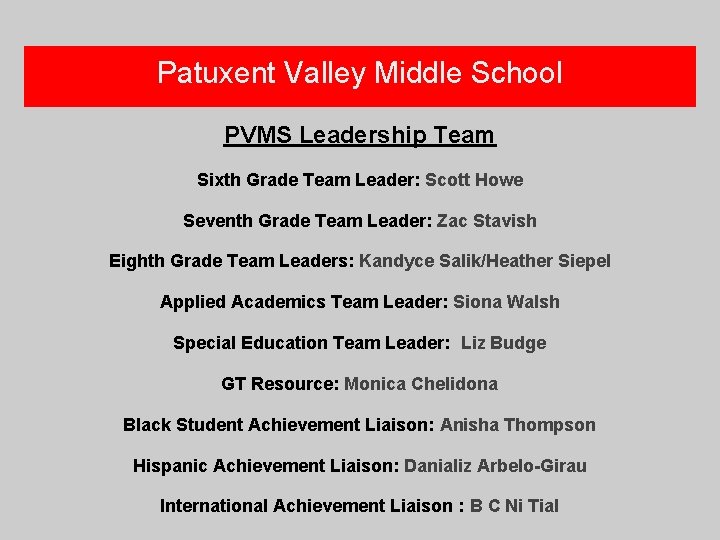 Patuxent Valley Middle School PVMS Leadership Team Sixth Grade Team Leader: Scott Howe Seventh