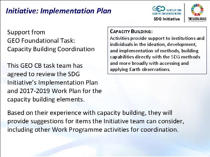 Initiative: Implementation Plan SDG Initiative Support from GEO Foundational Task: Capacity Building Coordination This