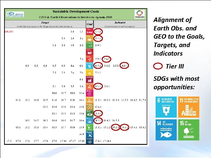 Alignment of Earth Obs. and GEO to the Goals, Targets, and Indicators Tier III