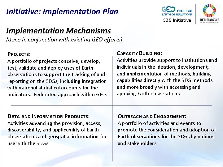 Initiative: Implementation Plan SDG Initiative Implementation Mechanisms (done in conjunction with existing GEO efforts)