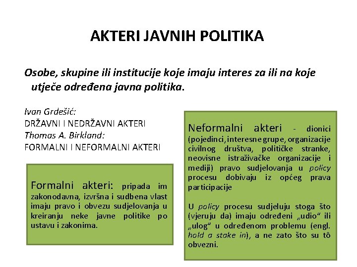 AKTERI JAVNIH POLITIKA Osobe, skupine ili institucije koje imaju interes za ili na koje