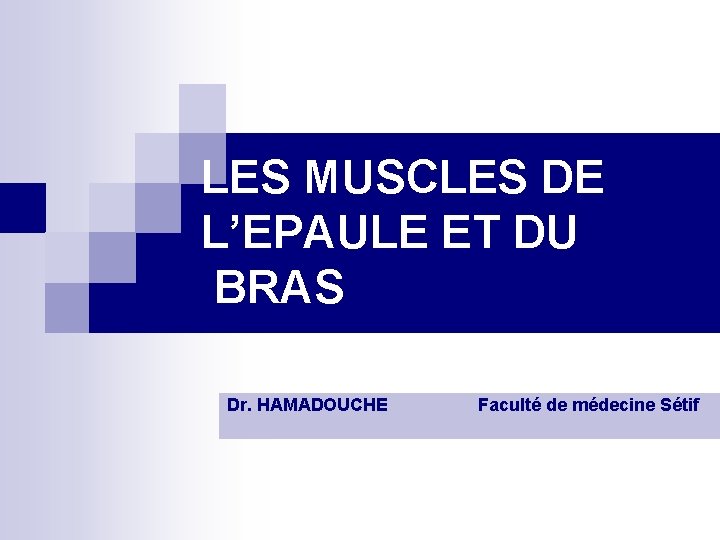 LES MUSCLES DE L’EPAULE ET DU BRAS Dr. HAMADOUCHE Faculté de médecine Sétif 