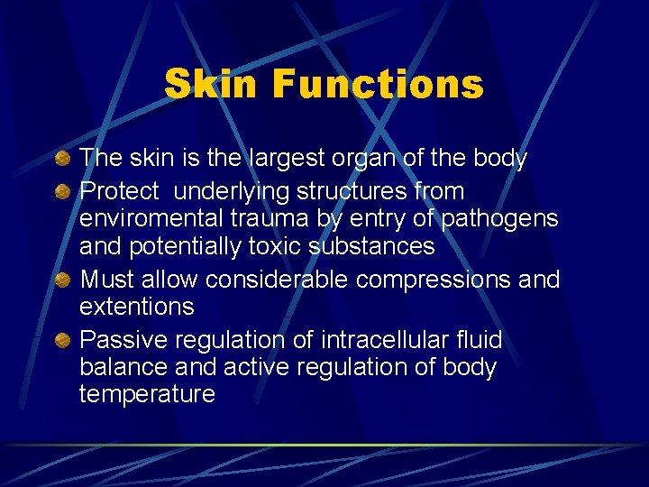 Skin Functions The skin is the largest organ of the body Protect underlying structures Skin Functions The skin is the largest organ of the body Protect underlying structures