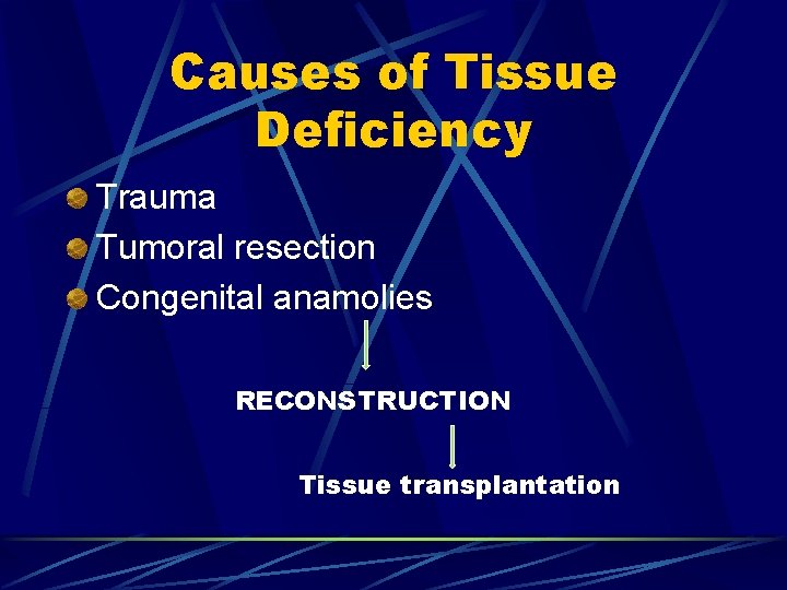 Causes of Tissue Deficiency Trauma Tumoral resection Congenital anamolies RECONSTRUCTION Tissue transplantation Causes of Tissue Deficiency Trauma Tumoral resection Congenital anamolies RECONSTRUCTION Tissue transplantation