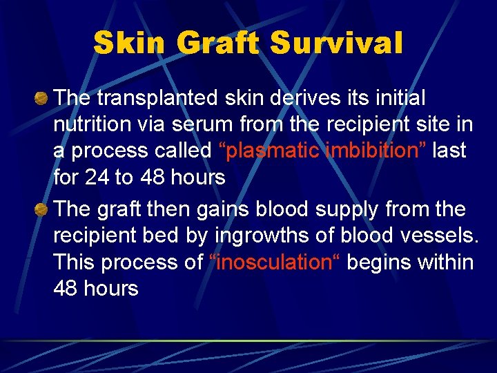 Skin Graft Survival The transplanted skin derives its initial nutrition via serum from the Skin Graft Survival The transplanted skin derives its initial nutrition via serum from the