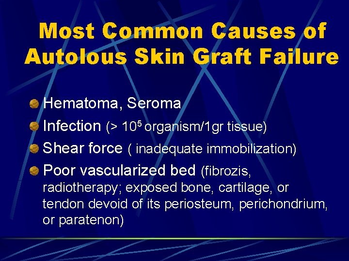 Most Common Causes of Autolous Skin Graft Failure Hematoma, Seroma Infection (> 105 organism/1 Most Common Causes of Autolous Skin Graft Failure Hematoma, Seroma Infection (> 105 organism/1