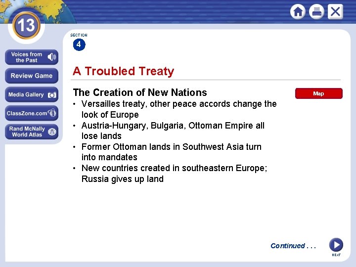 SECTION 4 A Troubled Treaty The Creation of New Nations Map • Versailles treaty,