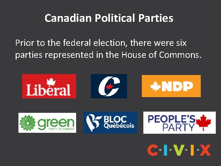 Canadian Political Parties Prior to the federal election, there were six parties represented in